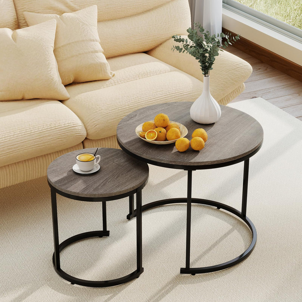 Round Nesting Coffee Table Set of 2 Grey Oak L4051