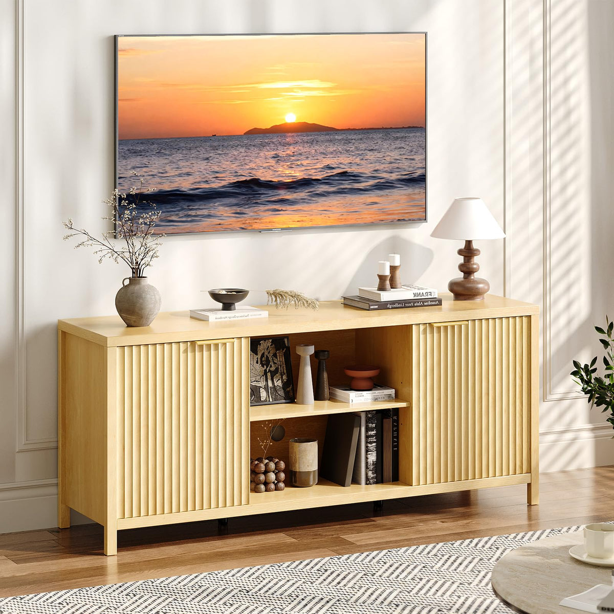 57.8" Oak TV Stand for 70 Inch TV with Adjustable Shelves and Cabinet Storage O665
