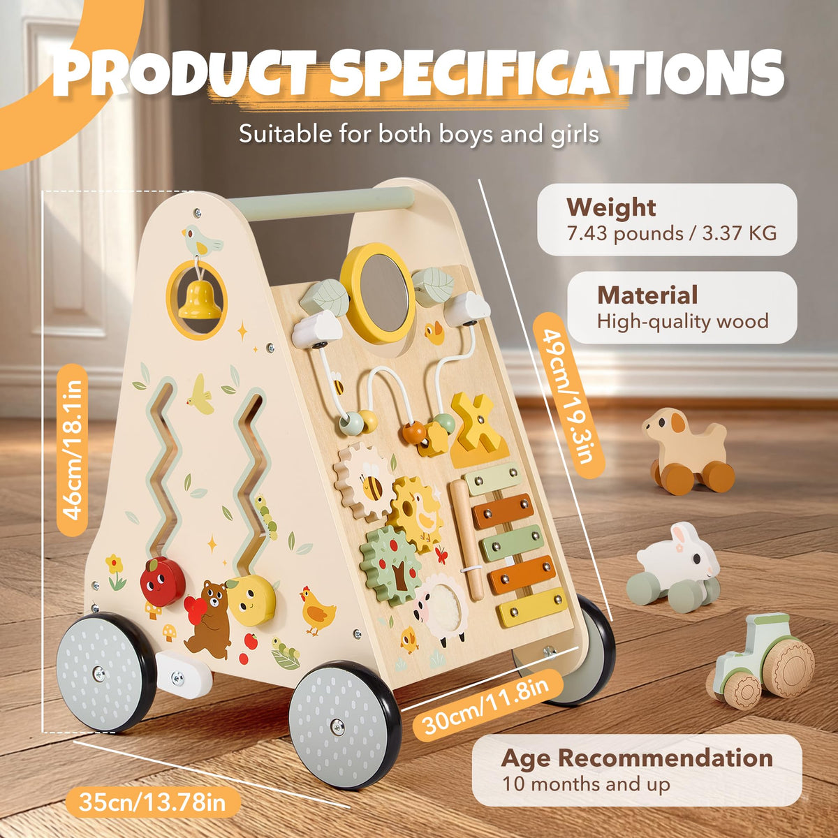Wooden Baby Push Walker with Activity Center D9699