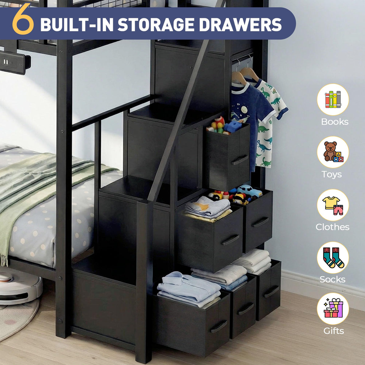 Black Metal Twin Over Twin Bunk Bed with Storage Stairs D655122