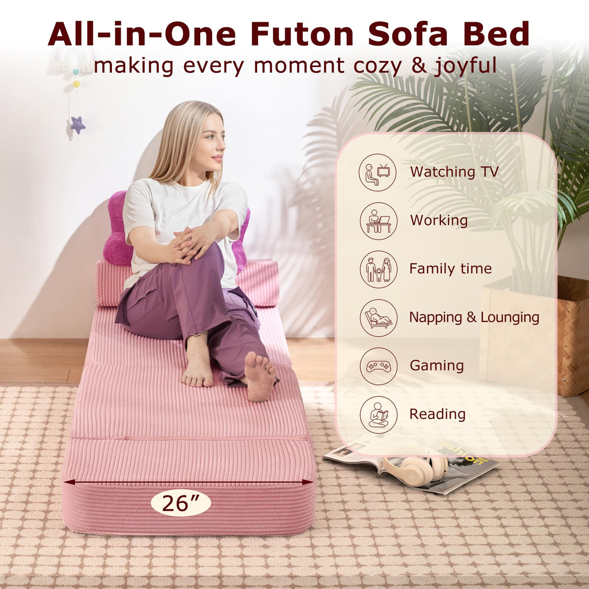 Pink Folding Convertible Sofa Bed R168854