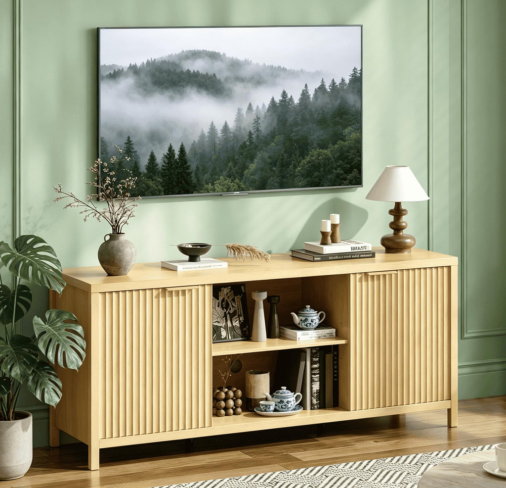 57.8" Oak TV Stand for 70 Inch TV with Adjustable Shelves and Cabinet Storage O665