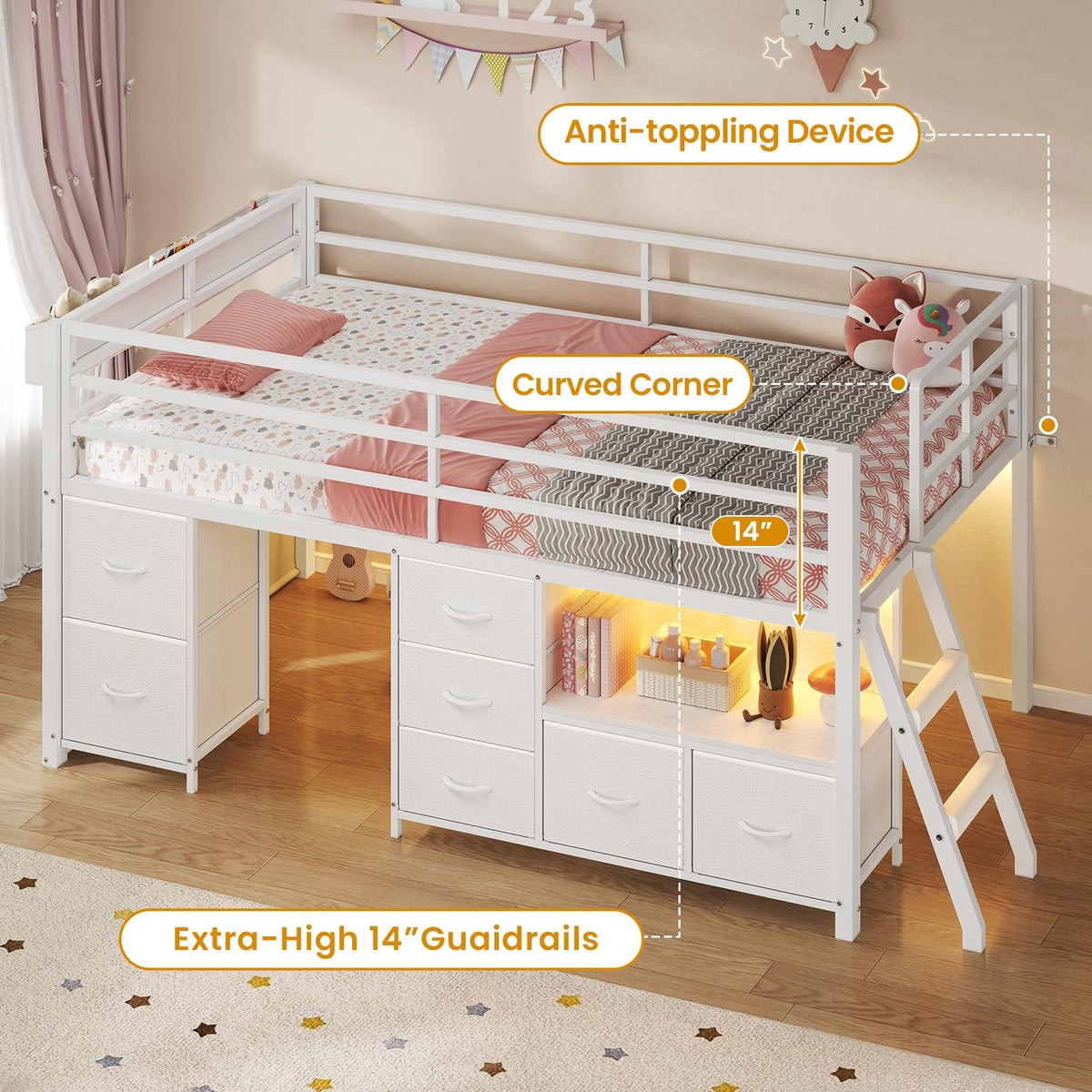 Twin Size Low Loft Bed with 7 Drawers K7699