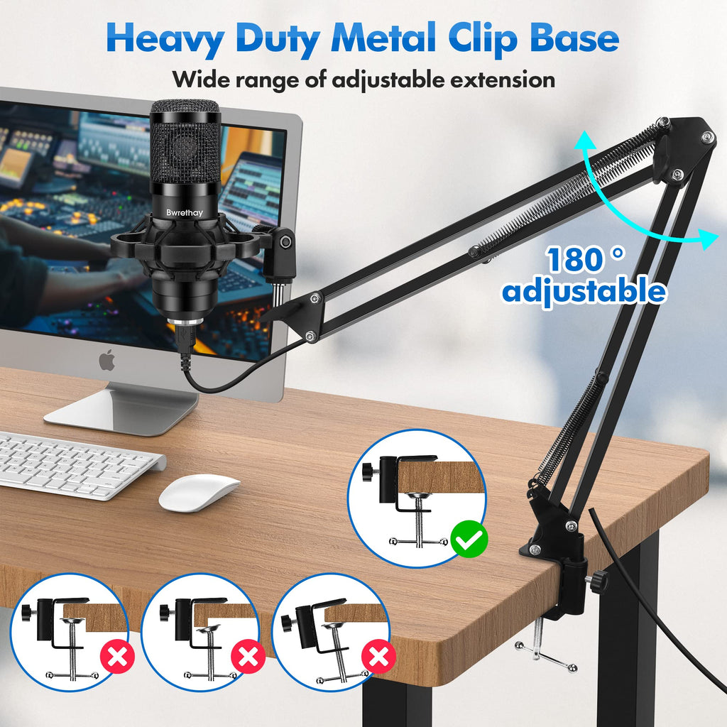 USB Condenser Cardioid Microphone with Boom Arm Stand and Shock Mount, Black T751