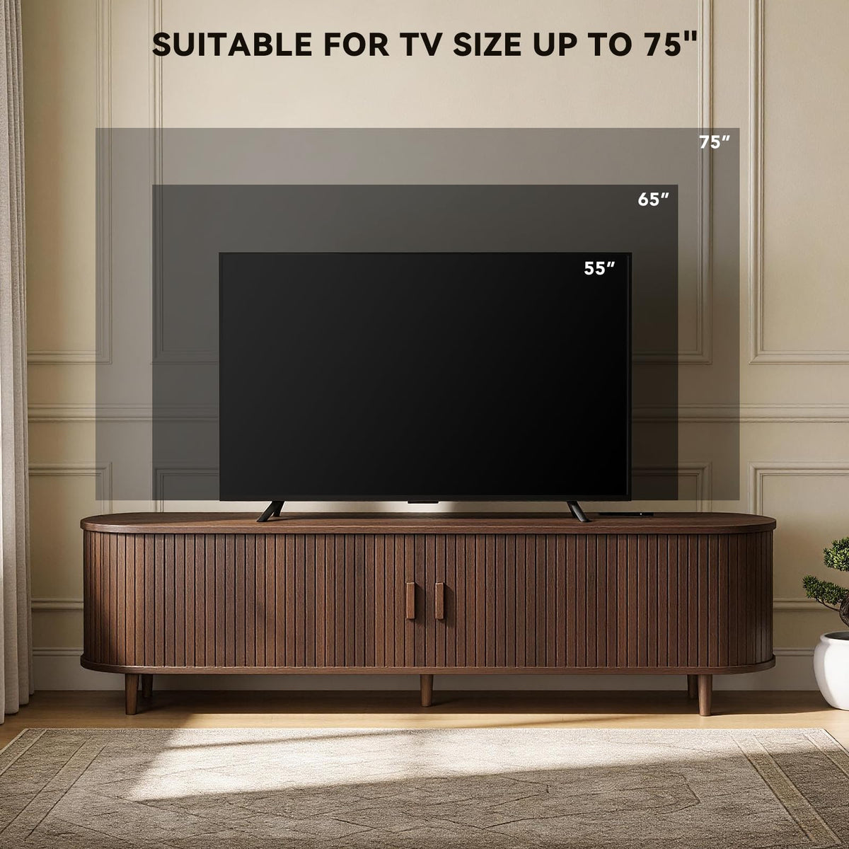 65" Walnut Wood TV Stand with Power Outlet and Sliding Doors B91861