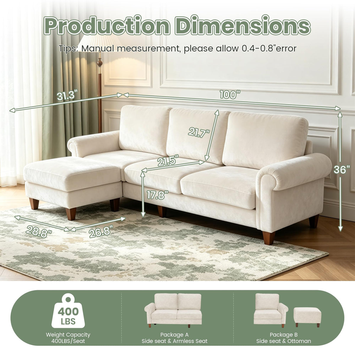 100" L-Shaped Velvet Sectional Sofa with Ottoman M209