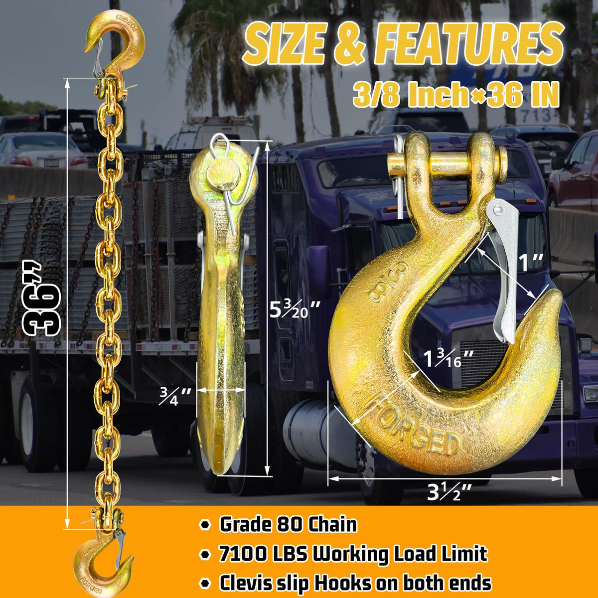 3/8"x36" Galvanized Trailer Safety Chains with Hooks, 2-Pack P55785