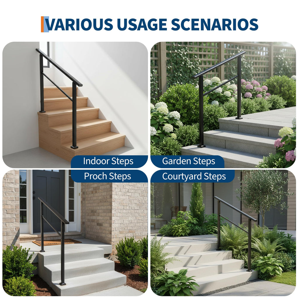 4 Step Black Aluminum Iron Outdoor Stair Handrail Kit L456