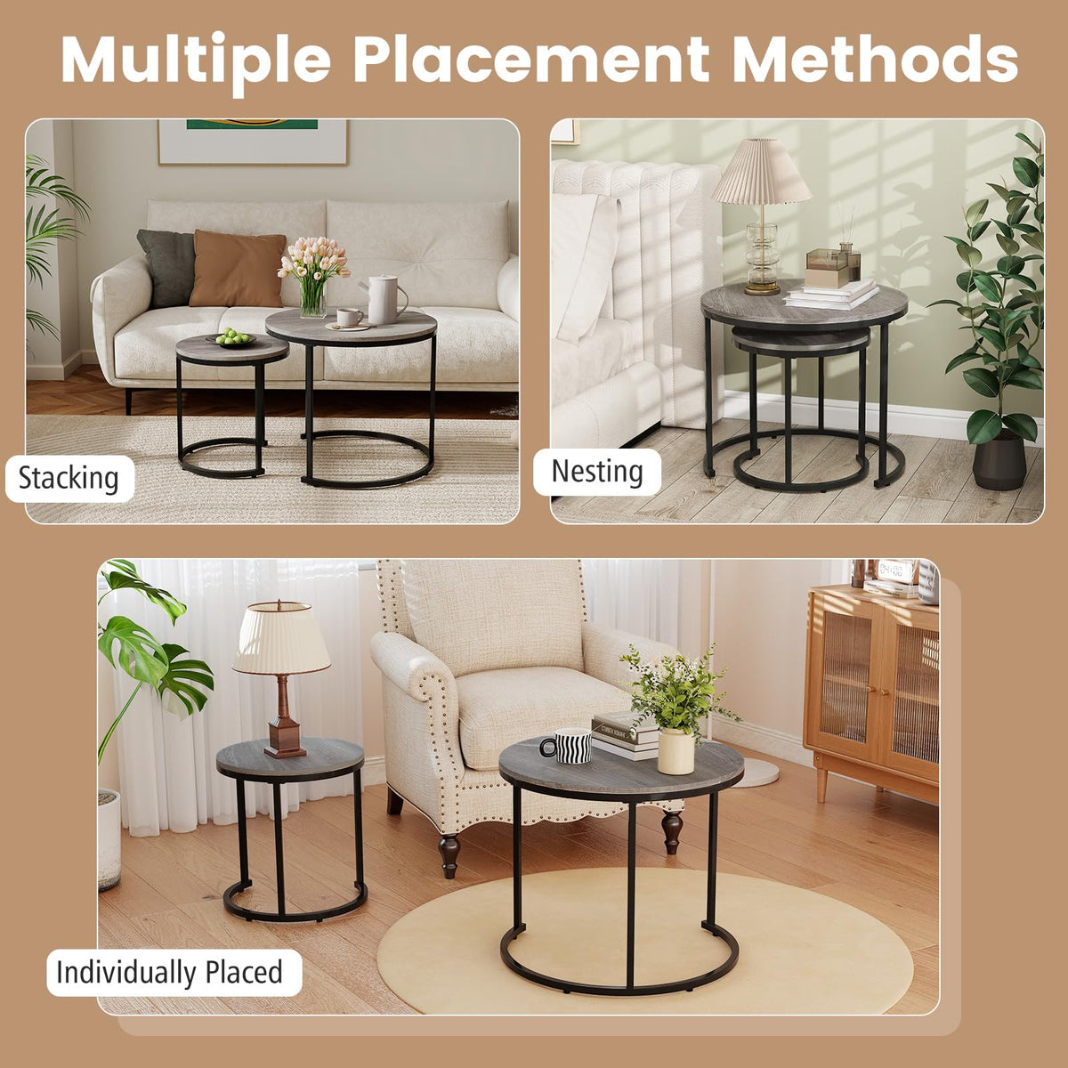Round Nesting Coffee Table Set of 2 Grey Oak L4051