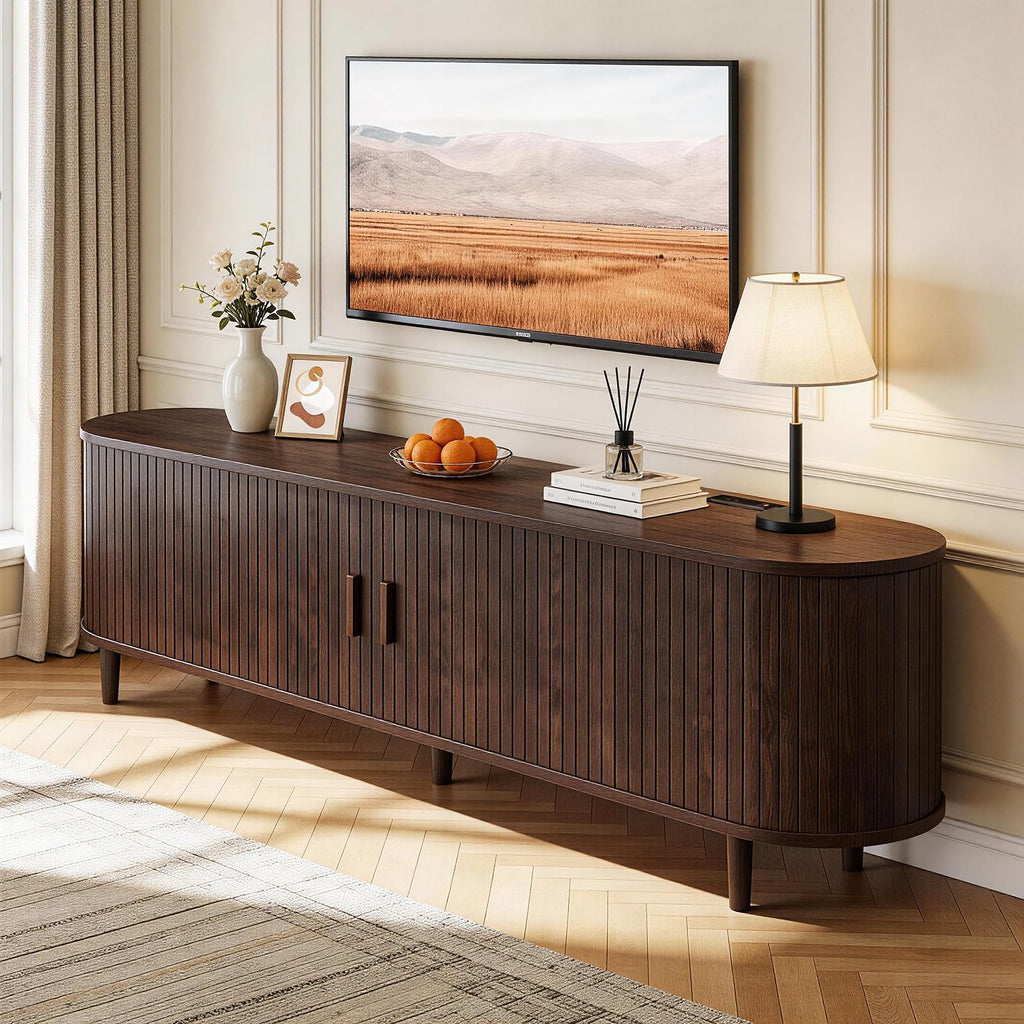 65" Walnut Wood TV Stand with Power Outlet and Sliding Doors B91861
