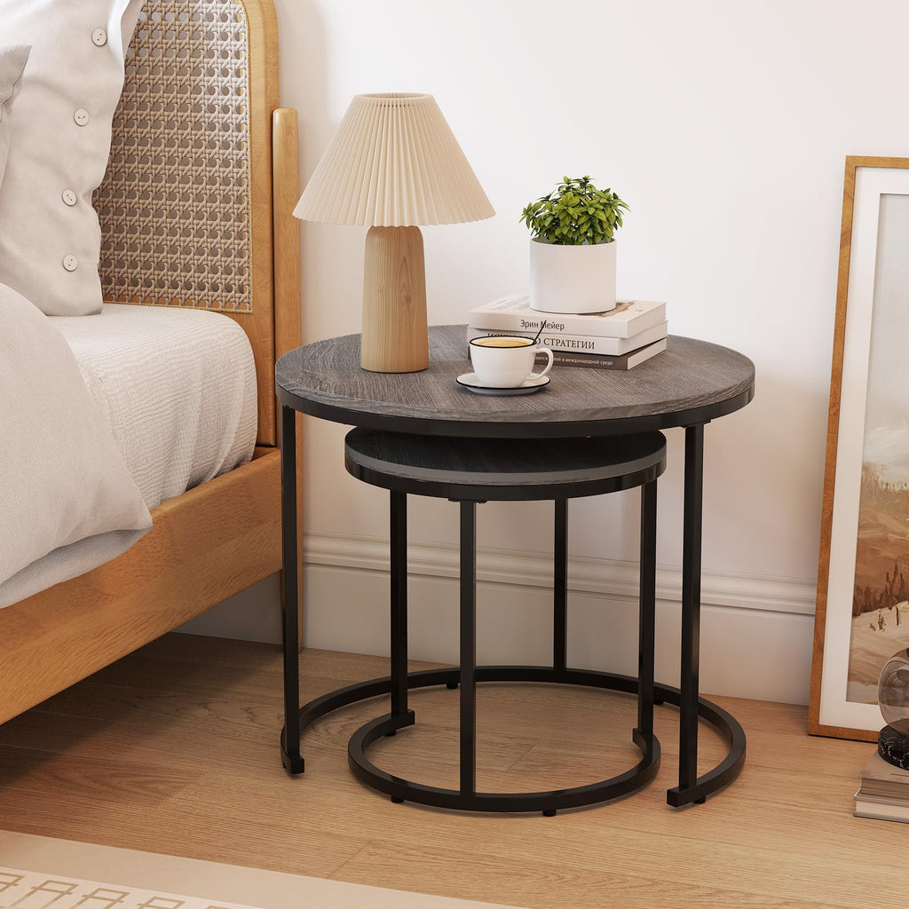 Round Nesting Coffee Table Set of 2 Grey Oak L4051