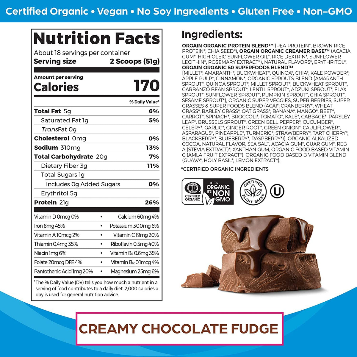Organic Protein Powder Creamy Chocolate Fudge and Vanilla Bean I6564