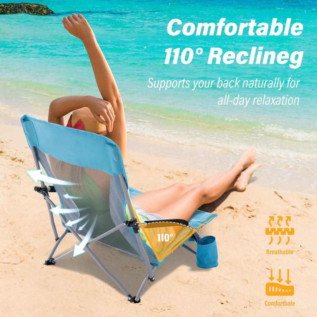Portable Low Folding Beach Chairs Set of 2 Lightweight with Cup Holder Storage Pockets Carry Bag Blue O382343
