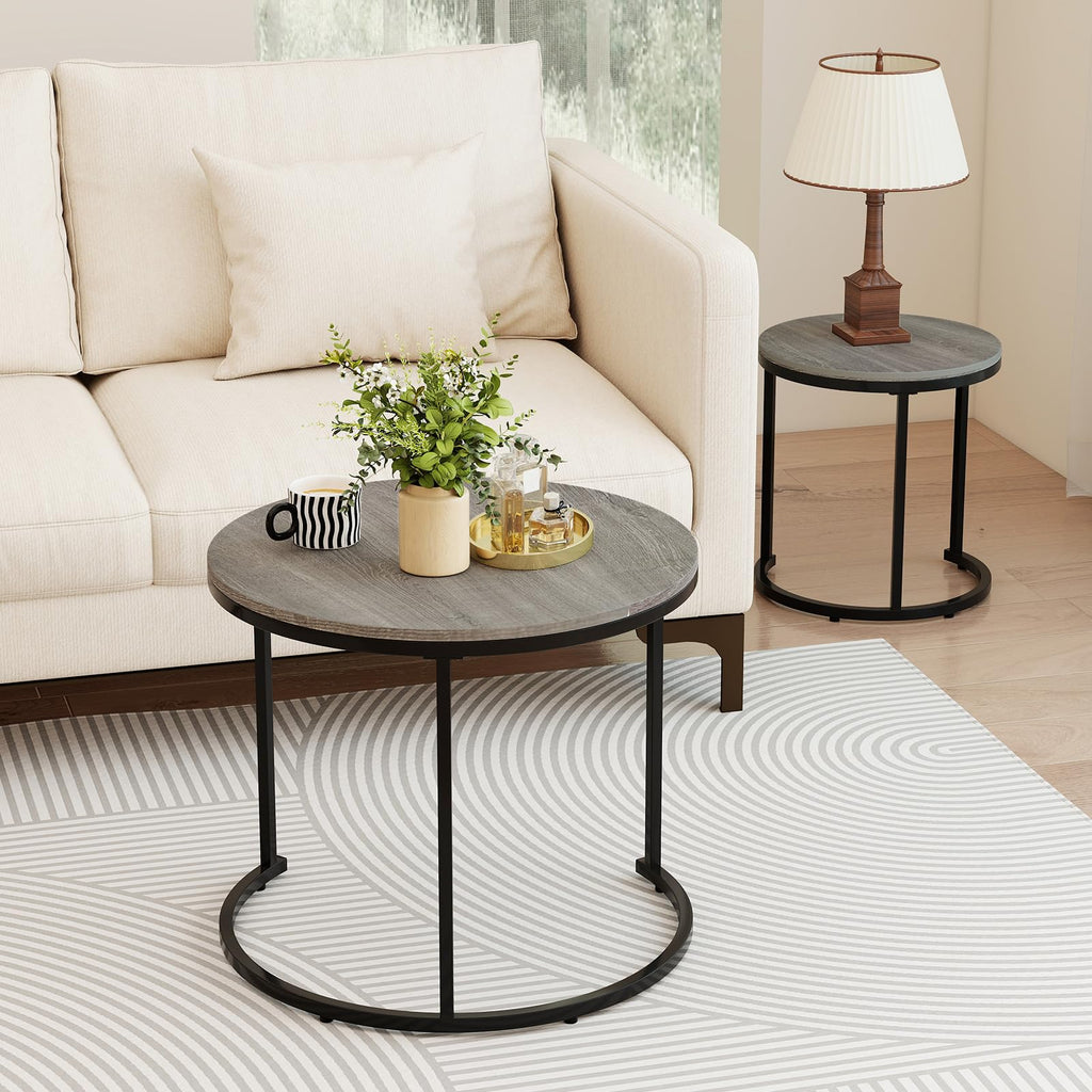Round Nesting Coffee Table Set of 2 Grey Oak L4051