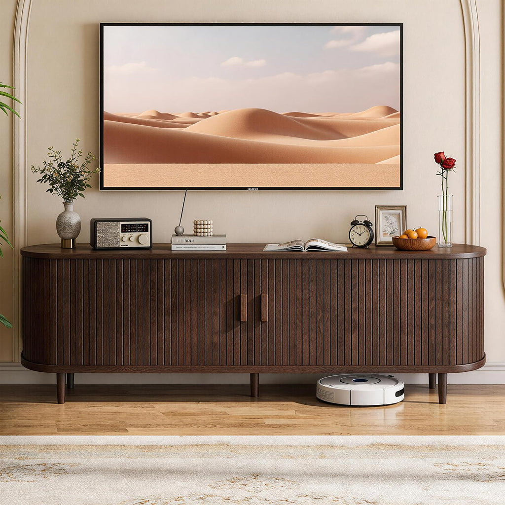 65" Walnut Wood TV Stand with Power Outlet and Sliding Doors B91861