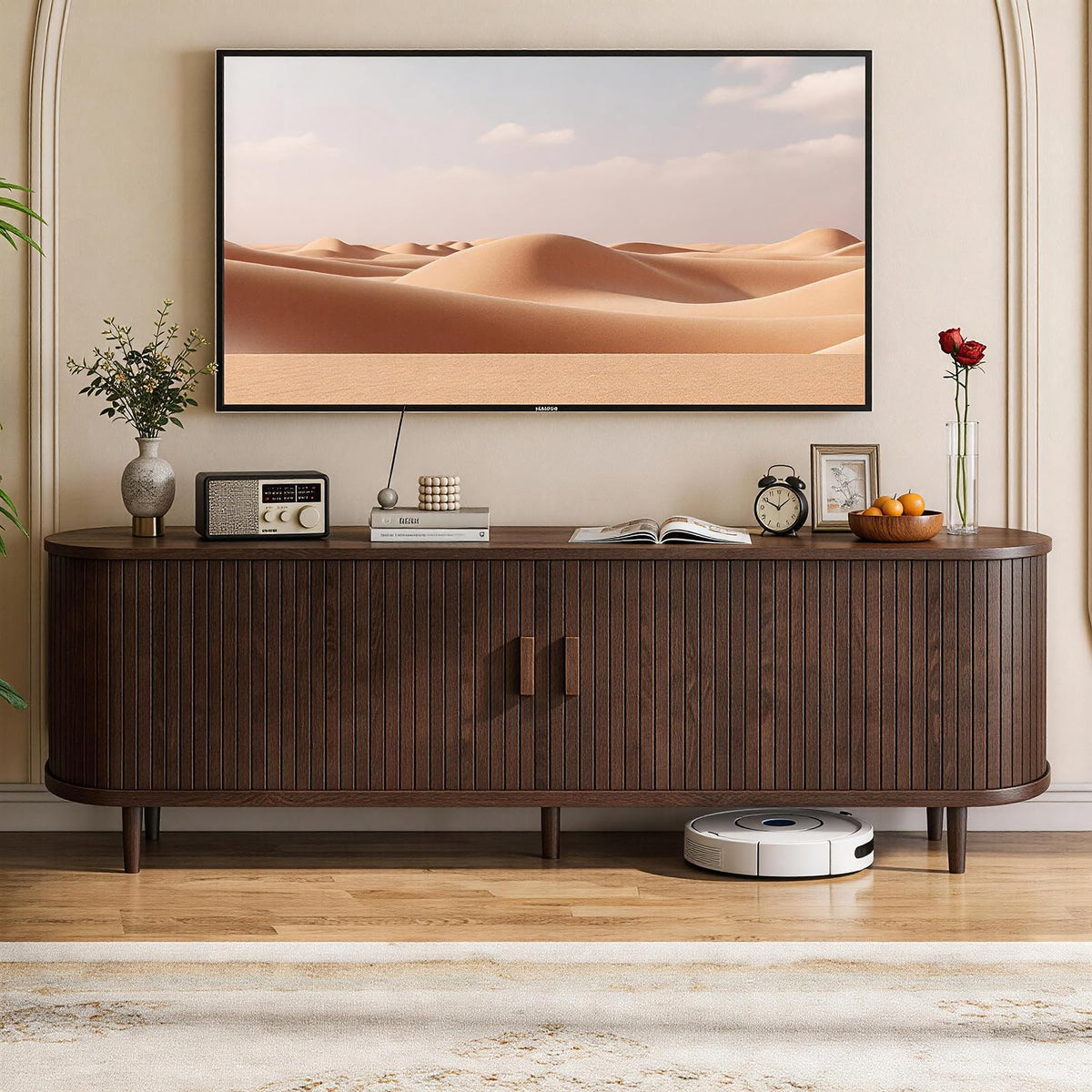 65" Walnut Wood TV Stand with Power Outlet and Sliding Doors B91861