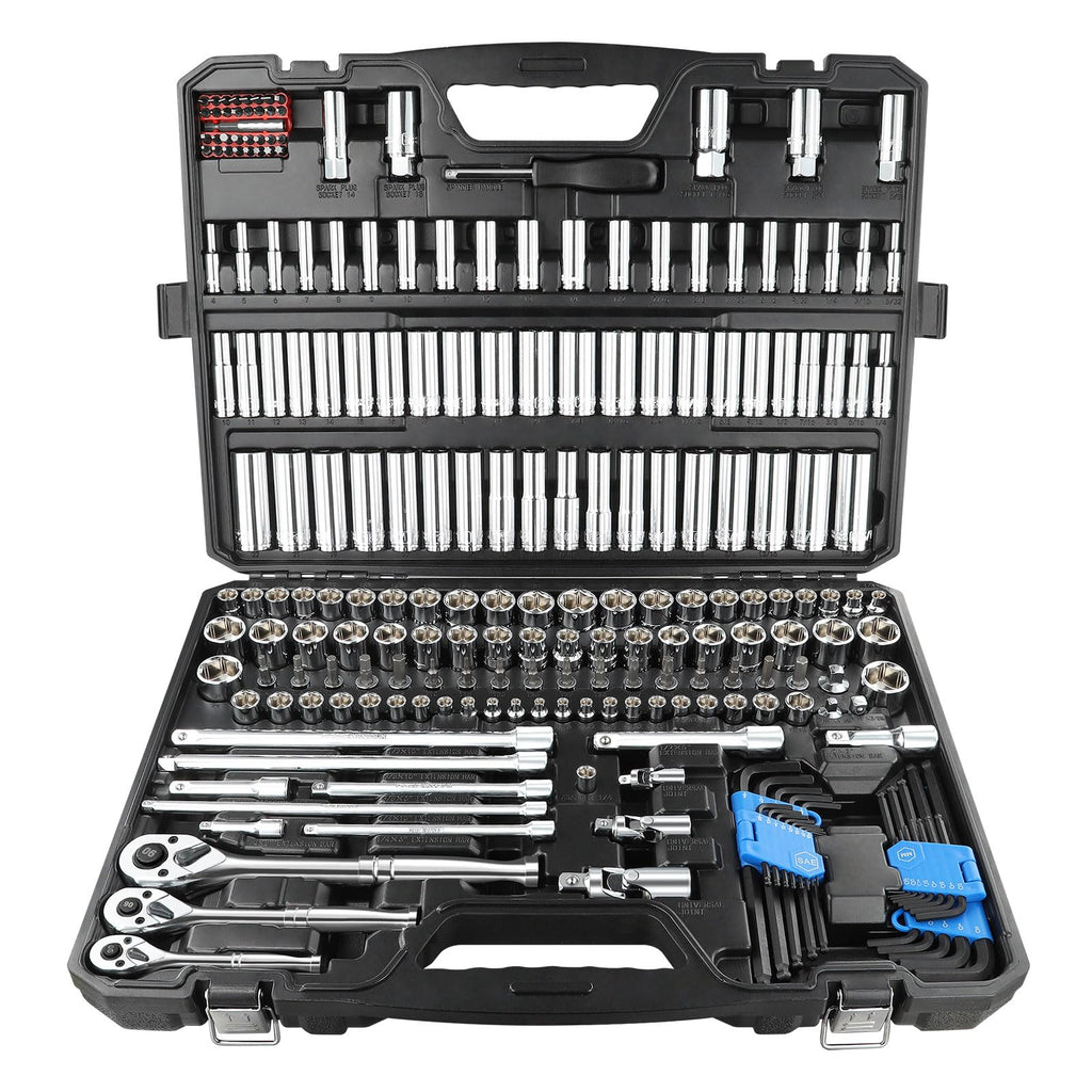225PCS Mechanic Tool Set, 1/4" & 3/8" & 1/2" Drive Socket Wrench Set, Metric and Standard with 90-Tooth Ratchet W83779