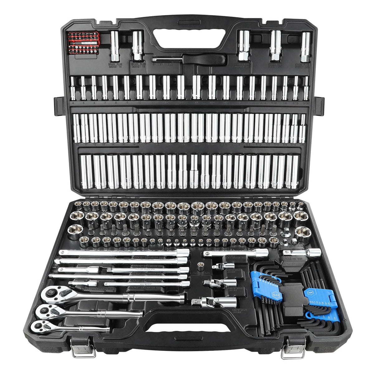 225PCS Mechanic Tool Set, 1/4" & 3/8" & 1/2" Drive Socket Wrench Set, Metric and Standard with 90-Tooth Ratchet W83779