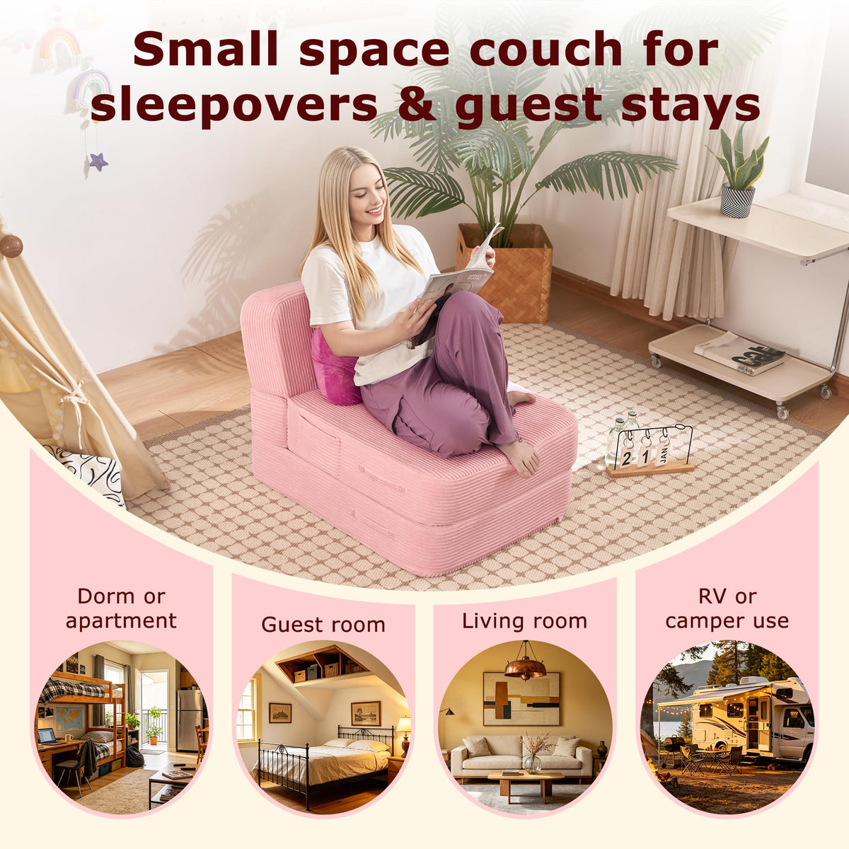 Pink Folding Convertible Sofa Bed R168854