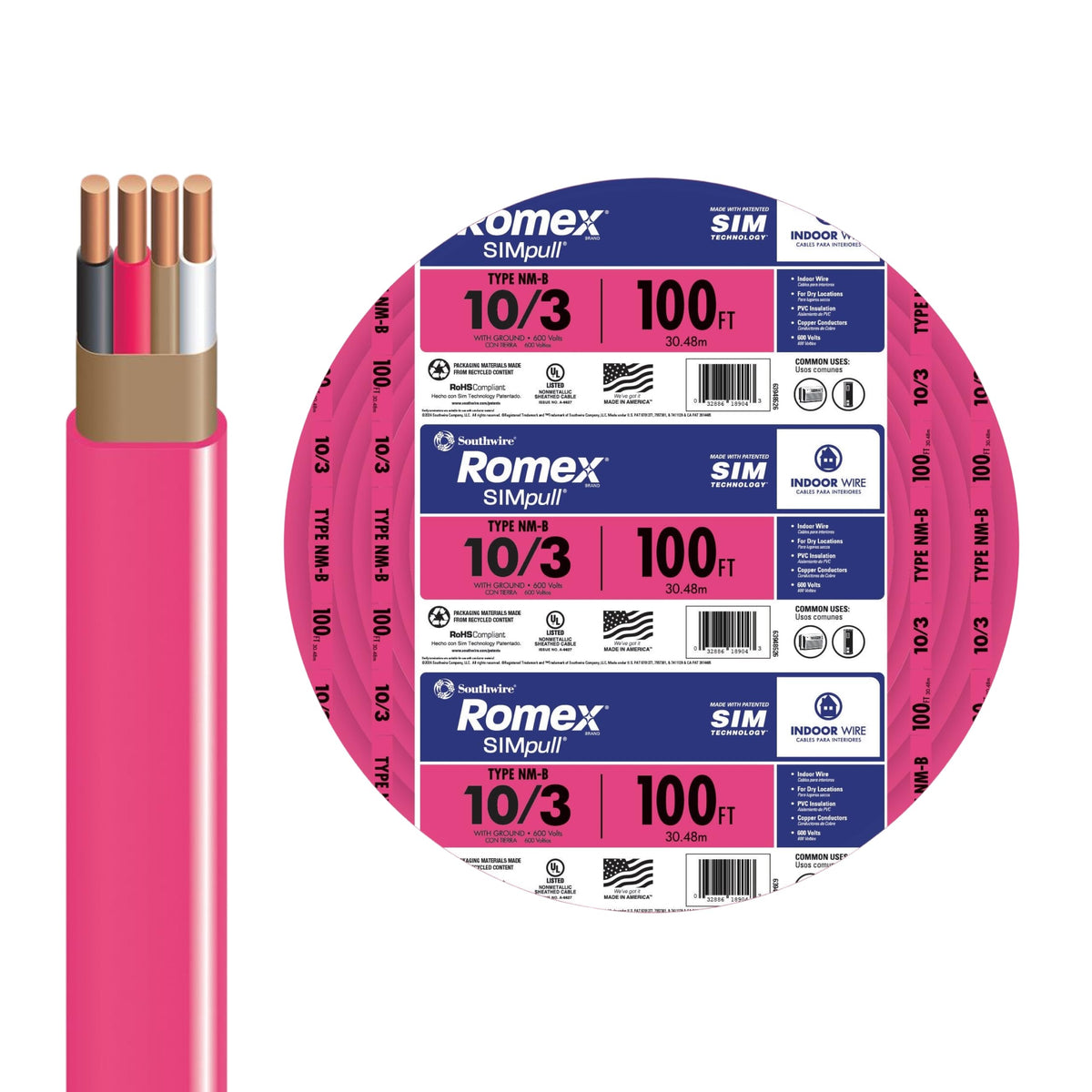 10 Gauge 3 Conductor Electrical Wire, 100Ft D918