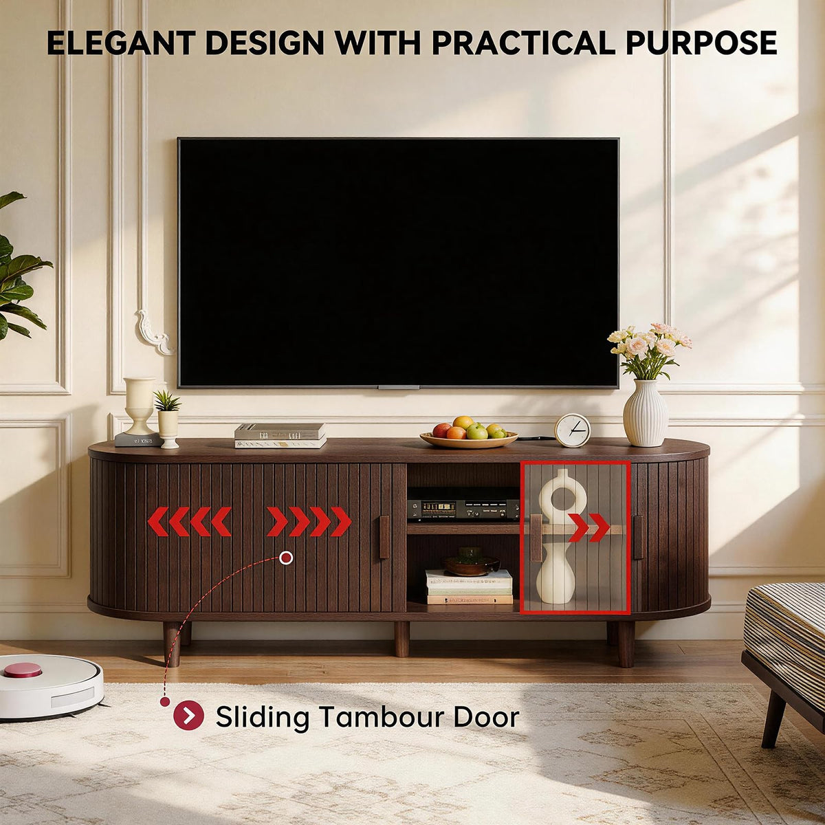 65" Walnut Wood TV Stand with Power Outlet and Sliding Doors B91861