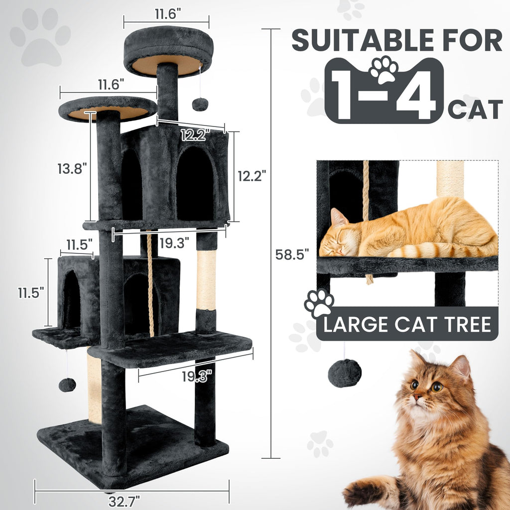 58.5inch Plush Multi-Level Cat Tree Tower with Cat Cave and Scratching Post V688654