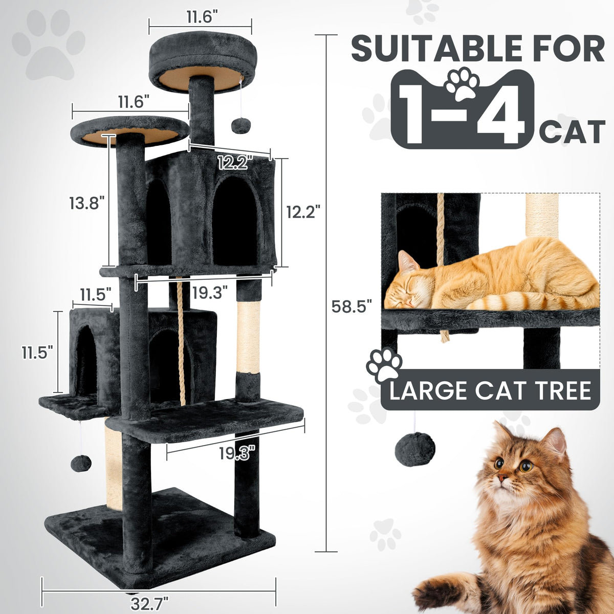 58.5inch Plush Multi-Level Cat Tree Tower with Cat Cave and Scratching Post V688654