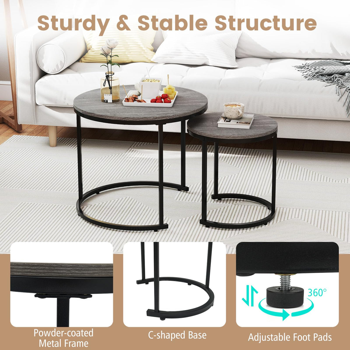 Round Nesting Coffee Table Set of 2 Grey Oak L4051