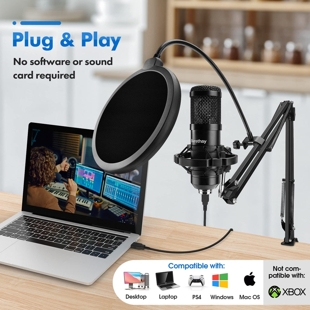 USB Condenser Cardioid Microphone with Boom Arm Stand and Shock Mount, Black T751