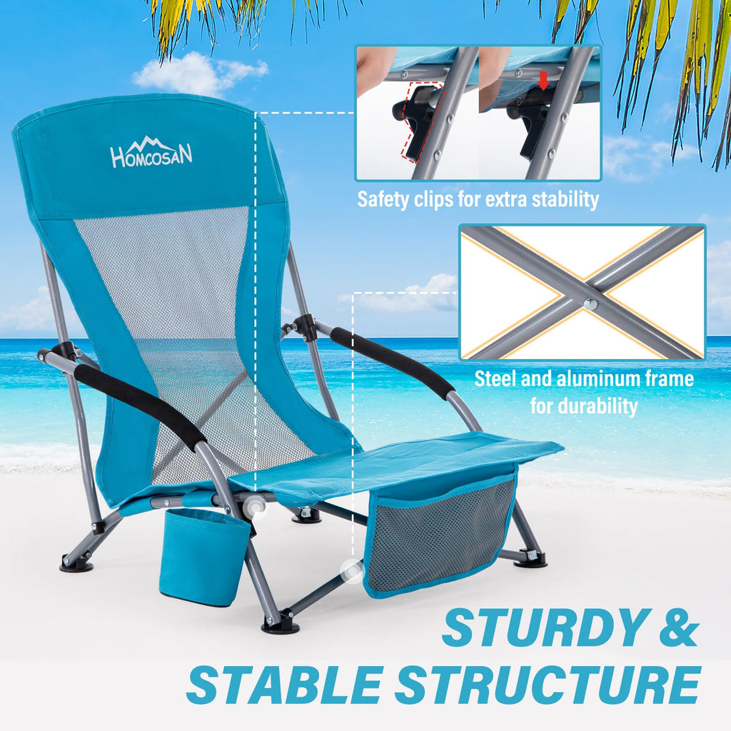 Portable Low Folding Beach Chairs Set of 2 Lightweight with Cup Holder Storage Pockets Carry Bag Blue O382343