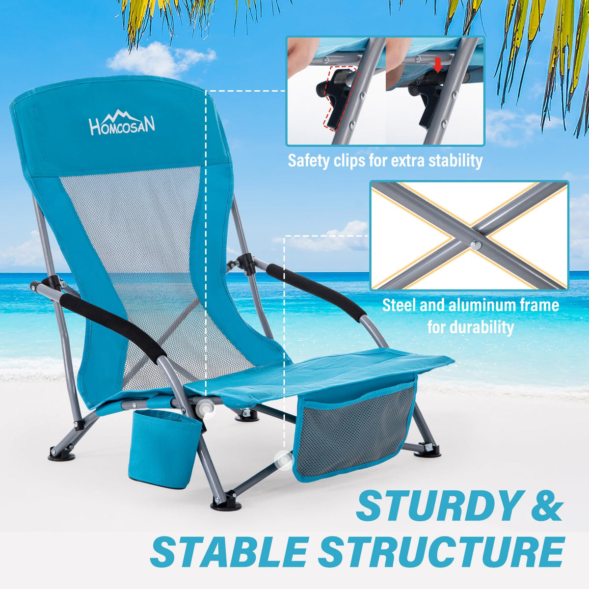 Portable Low Folding Beach Chairs Set of 2 Lightweight with Cup Holder Storage Pockets Carry Bag Blue O382343