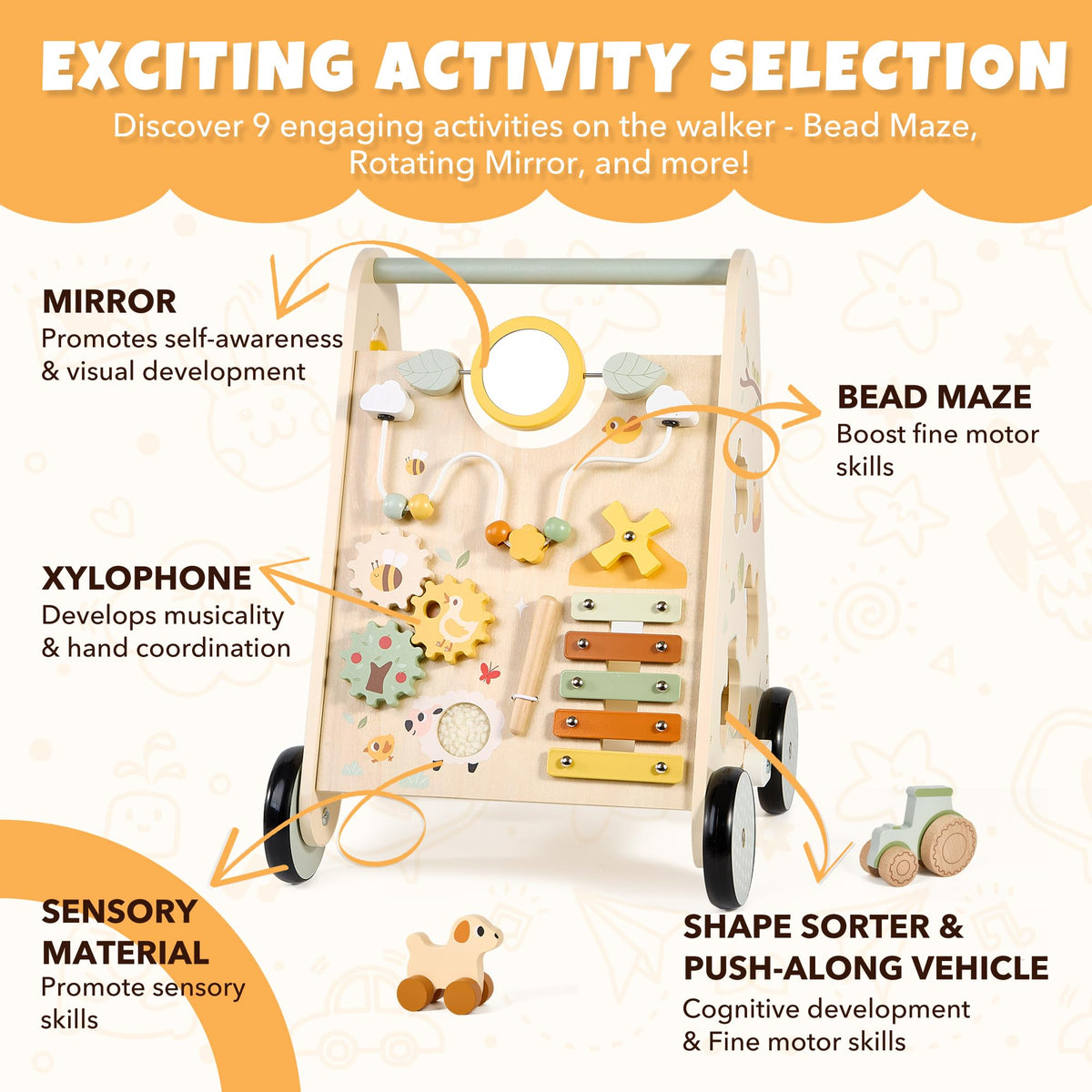 Wooden Baby Push Walker with Activity Center D9699