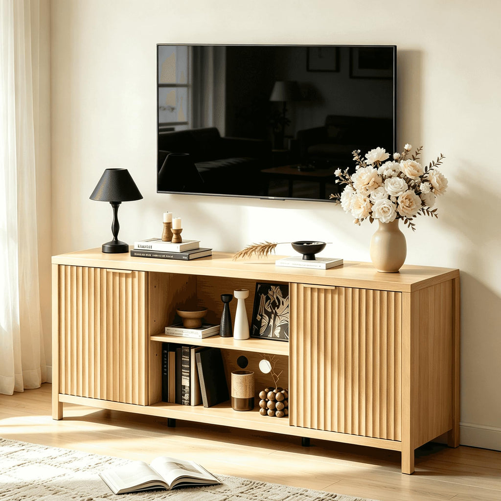 57.8" Oak TV Stand for 70 Inch TV with Adjustable Shelves and Cabinet Storage O665
