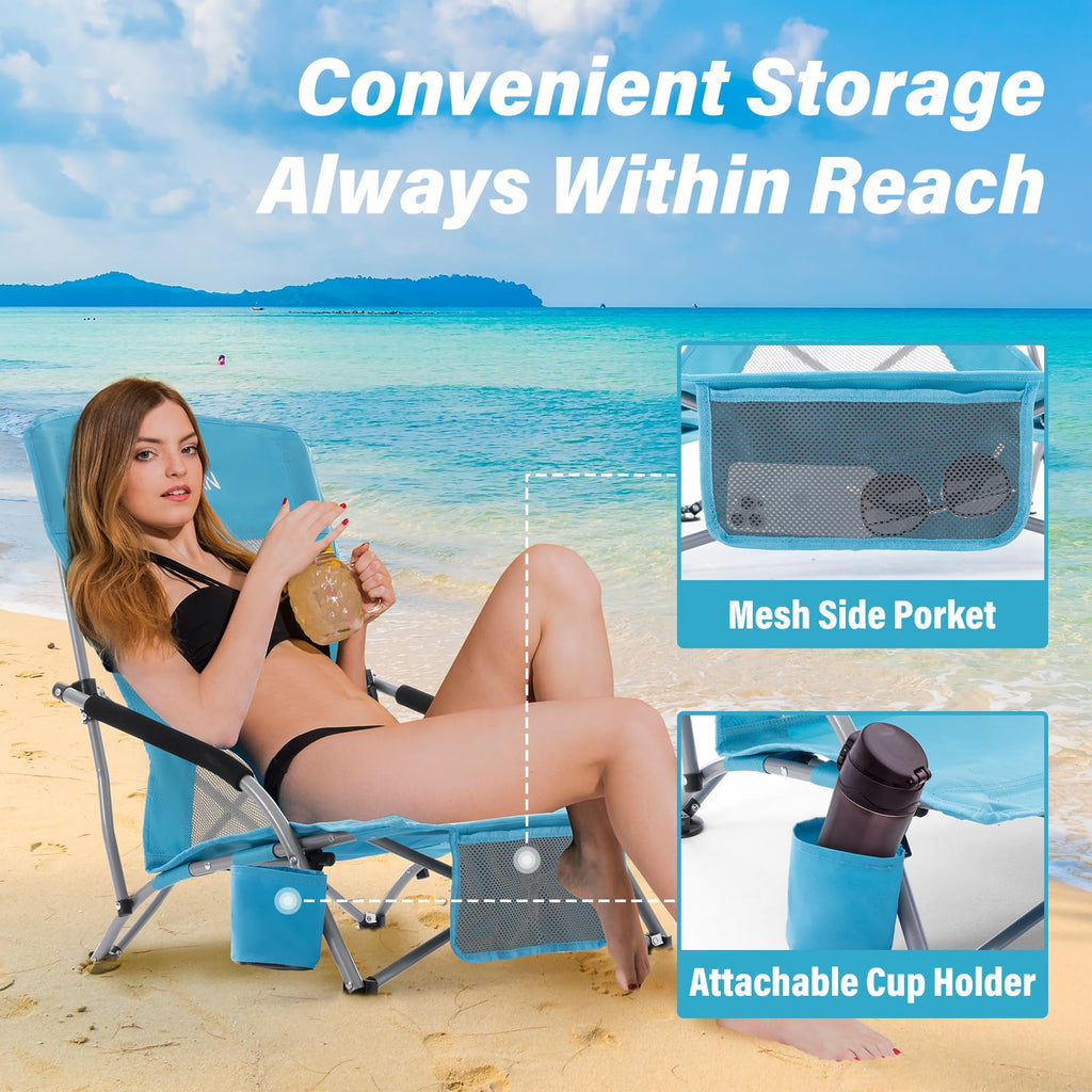 Portable Low Folding Beach Chairs Set of 2 Lightweight with Cup Holder Storage Pockets Carry Bag Blue O382343