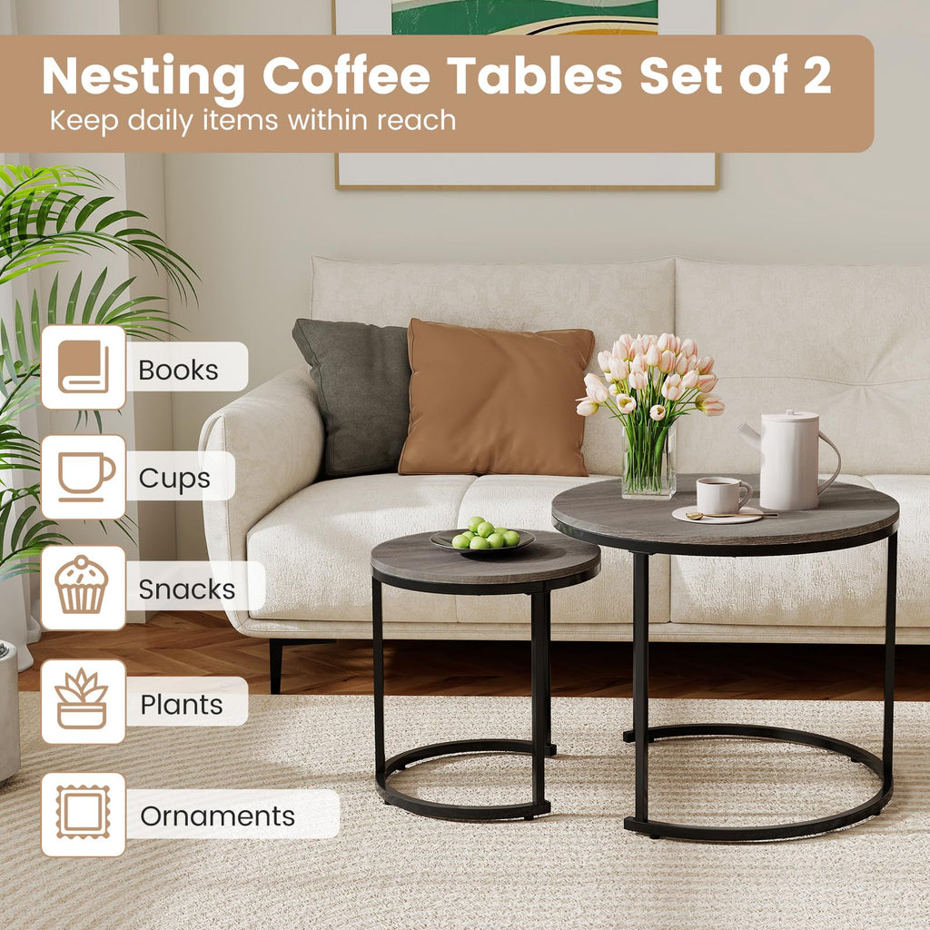 Round Nesting Coffee Table Set of 2 Grey Oak L4051