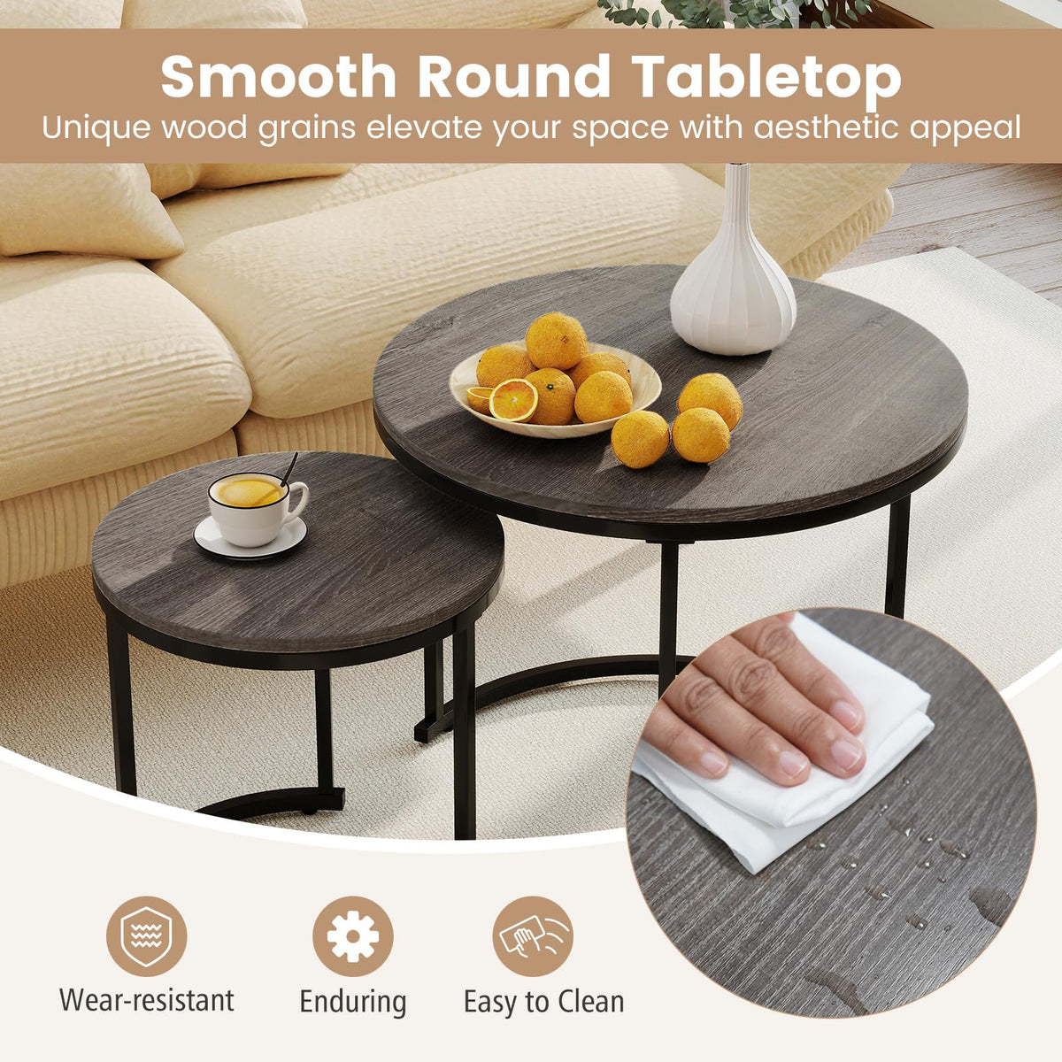Round Nesting Coffee Table Set of 2 Grey Oak L4051