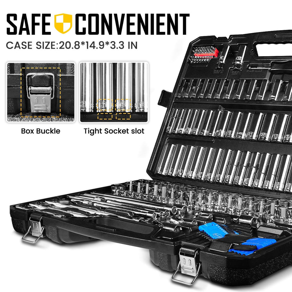 225PCS Mechanic Tool Set, 1/4" & 3/8" & 1/2" Drive Socket Wrench Set, Metric and Standard with 90-Tooth Ratchet W83779