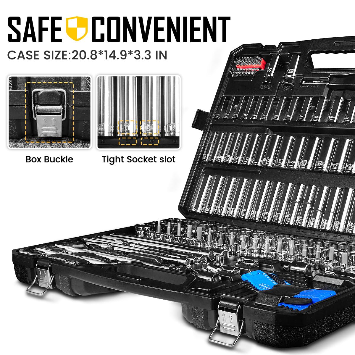 225PCS Mechanic Tool Set, 1/4" & 3/8" & 1/2" Drive Socket Wrench Set, Metric and Standard with 90-Tooth Ratchet W83779