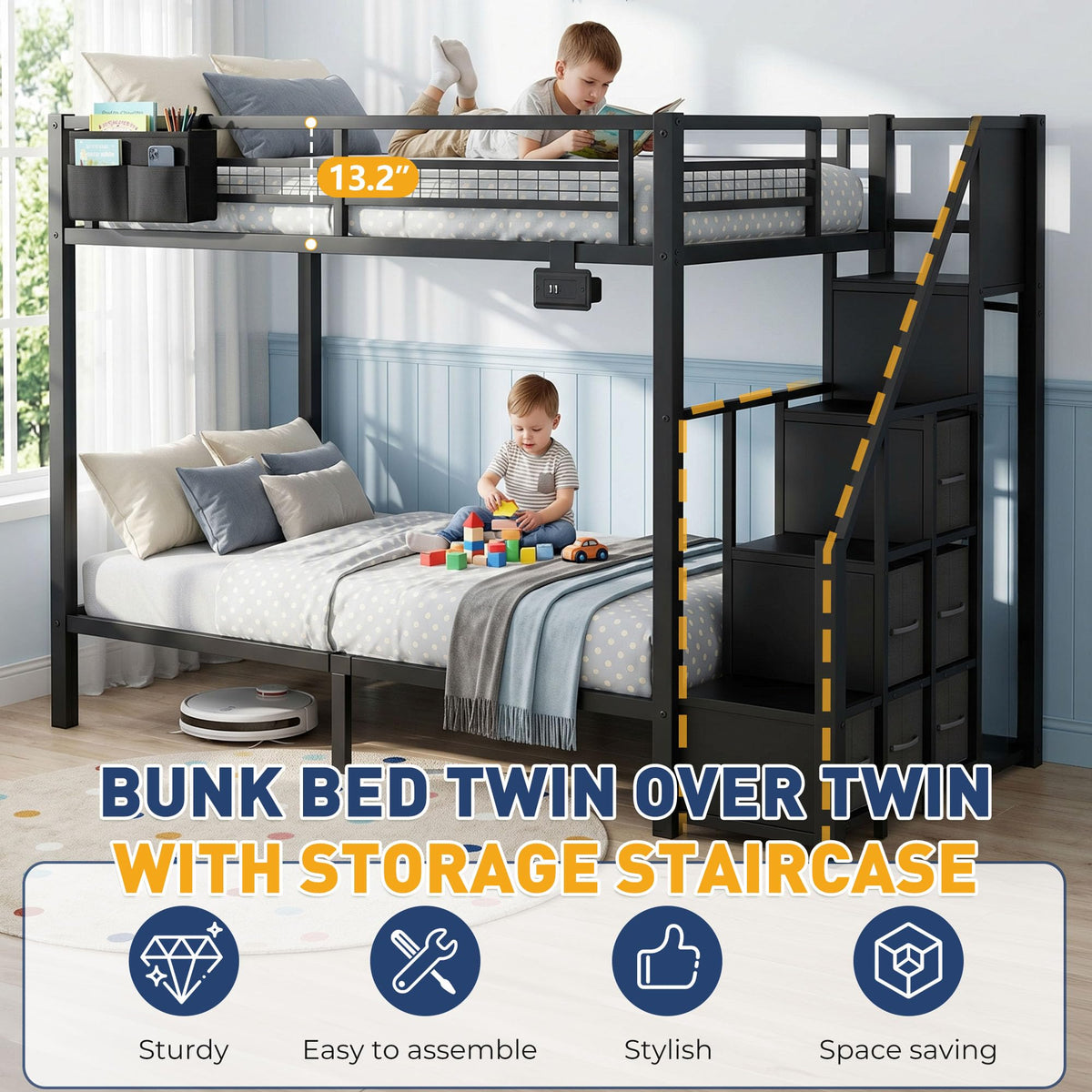 Black Metal Twin Over Twin Bunk Bed with Storage Stairs D655122