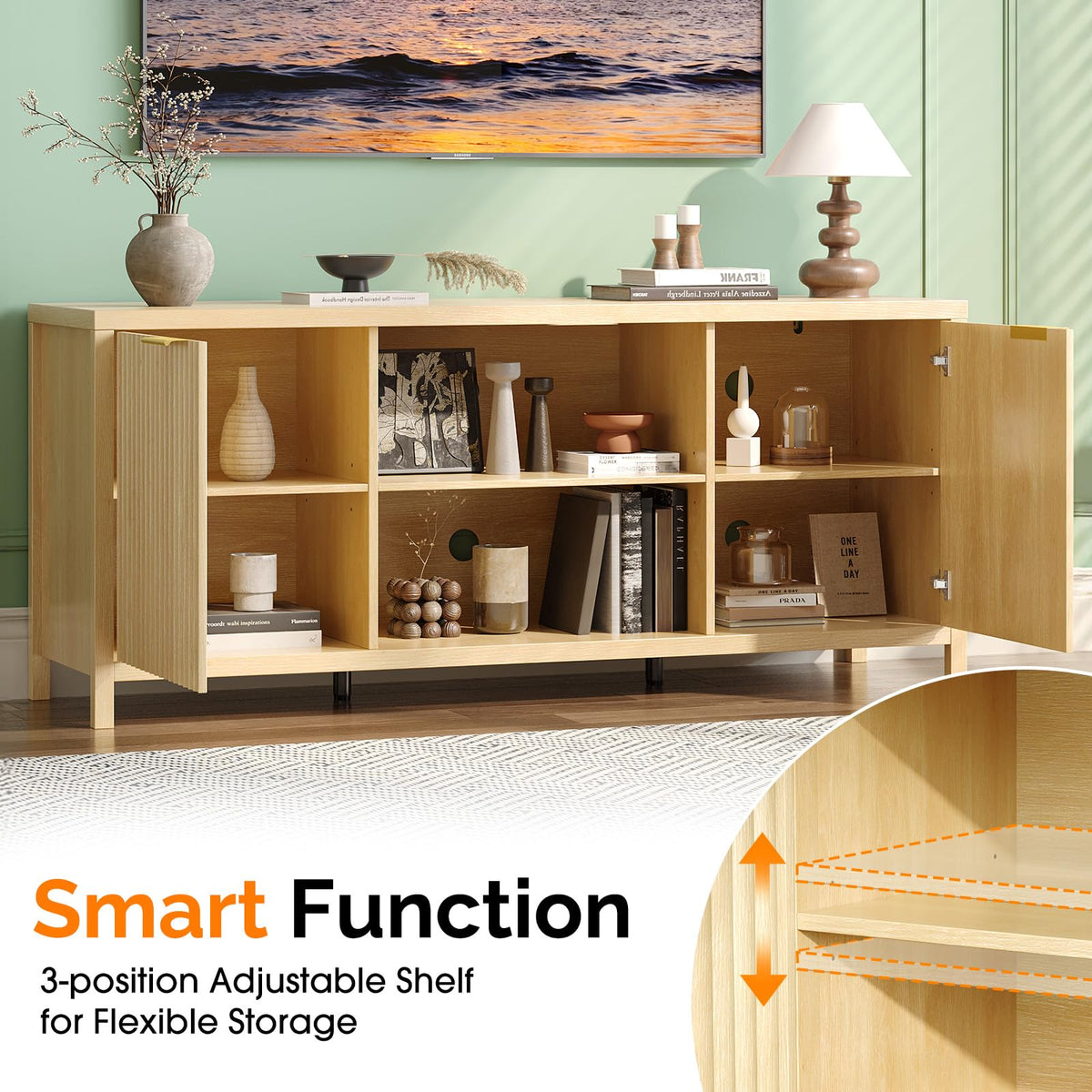 57.8" Oak TV Stand for 70 Inch TV with Adjustable Shelves and Cabinet Storage O665