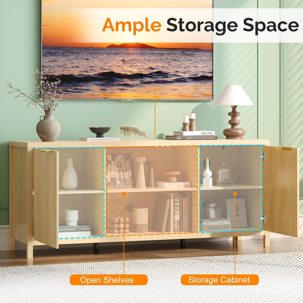 57.8" Oak TV Stand for 70 Inch TV with Adjustable Shelves and Cabinet Storage O665