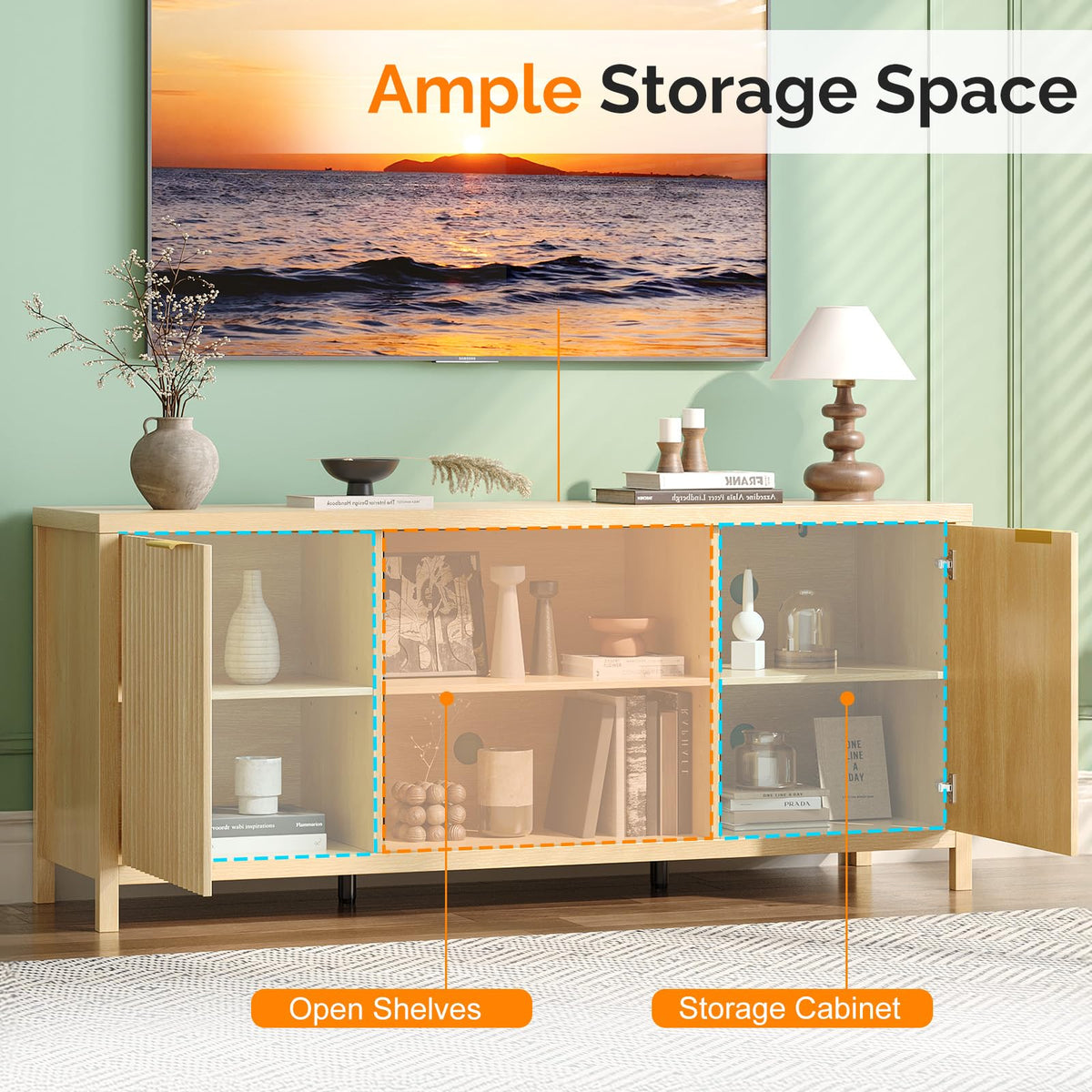 57.8" Oak TV Stand for 70 Inch TV with Adjustable Shelves and Cabinet Storage O665