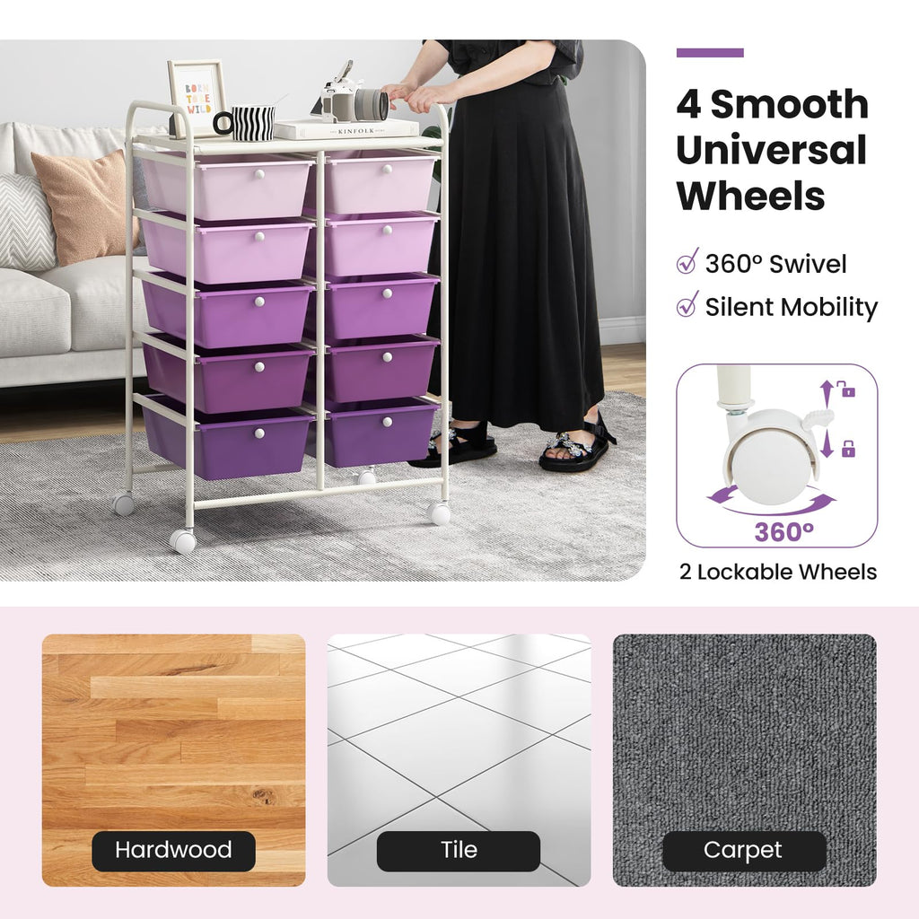 10 Drawer Rolling Storage Cart with Metal Frame V547