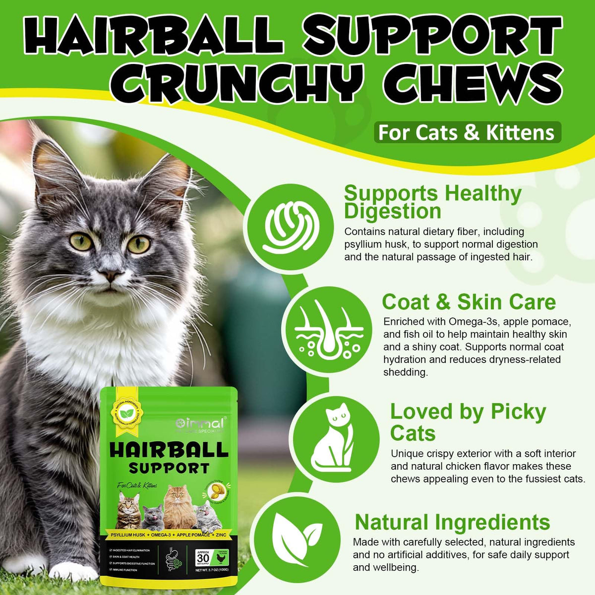 Cat Hairball Support Chews with Cat Grass & Omega-3 Fish Oil O553