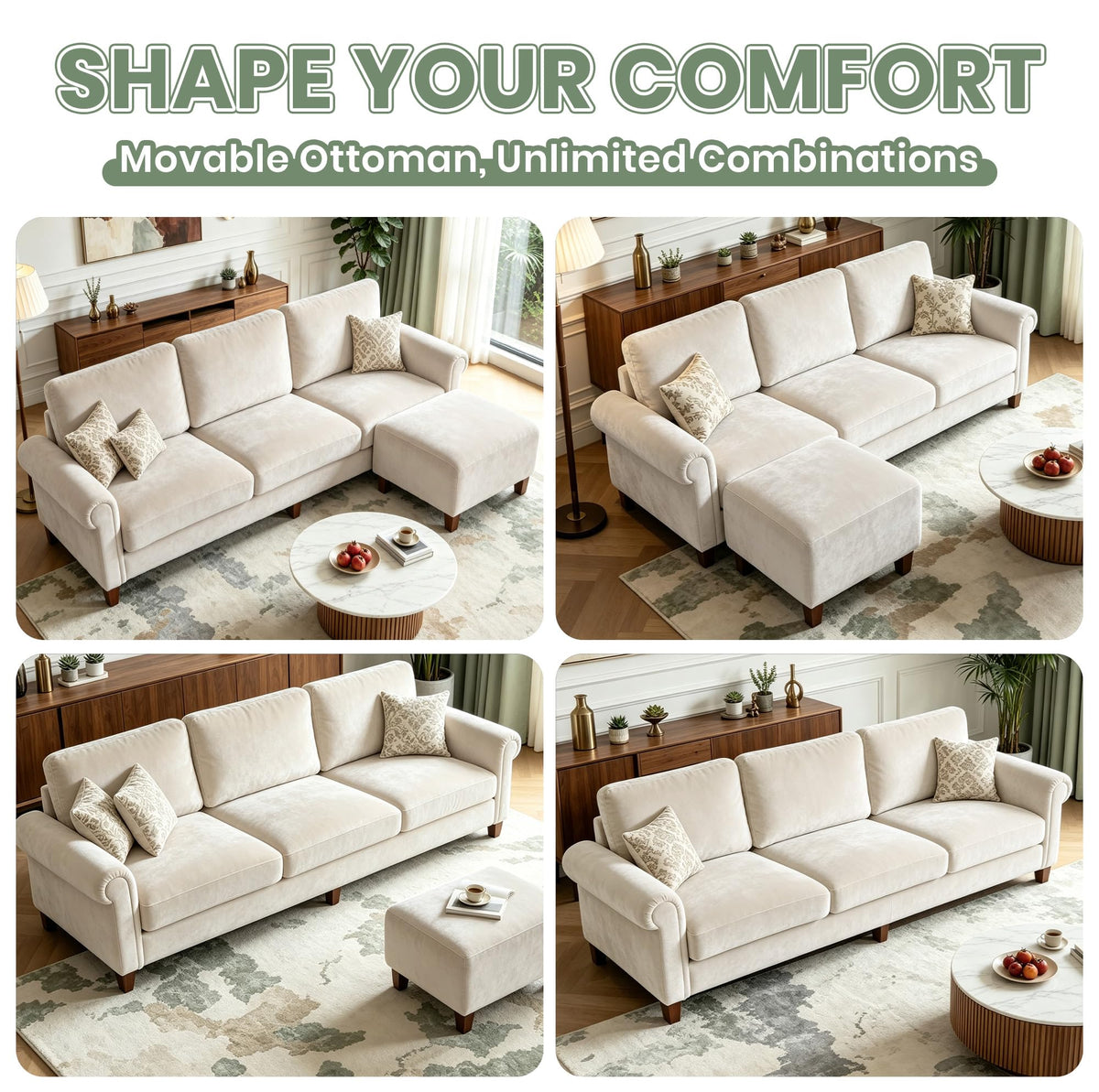 100" L-Shaped Velvet Sectional Sofa with Ottoman M209